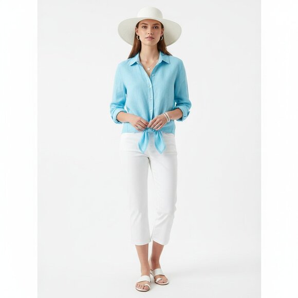 Boston Proper Linen Blend Blue Long Sleeve Button Up Tie Waist Blouse Top M - Picture 6 of 6